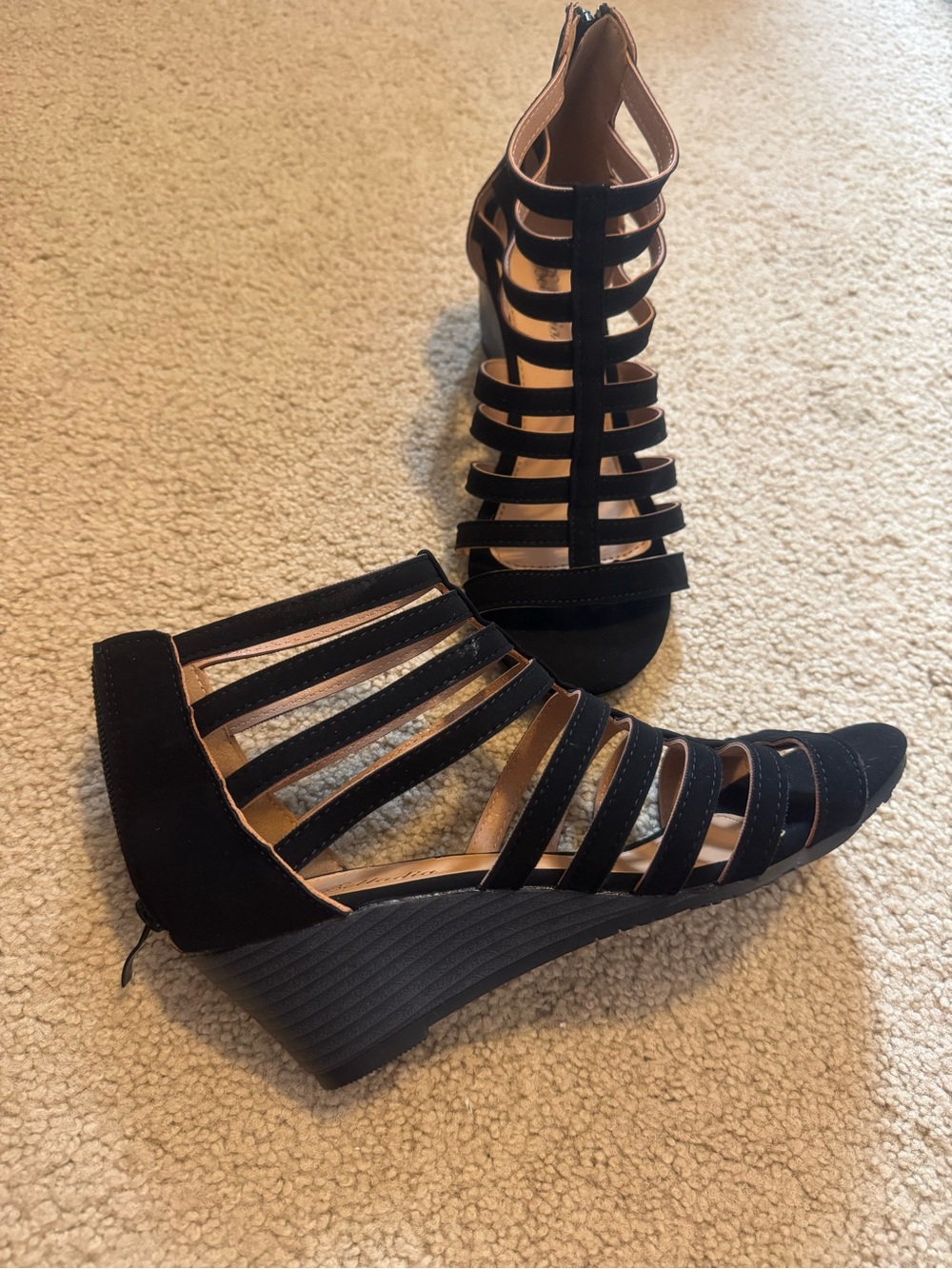 Women's Black Strappy Wedge Sandals with Back Zip